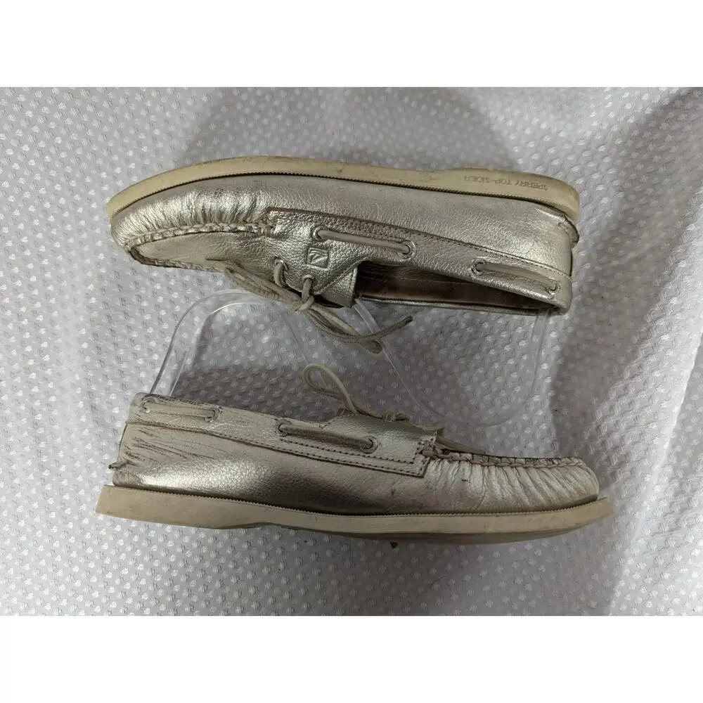 SPERRY TOPSIDER! GOLD GENUINE LEATHER BOAT SHOES NON-MARKING WHITE SOLE! SZ 9.5M